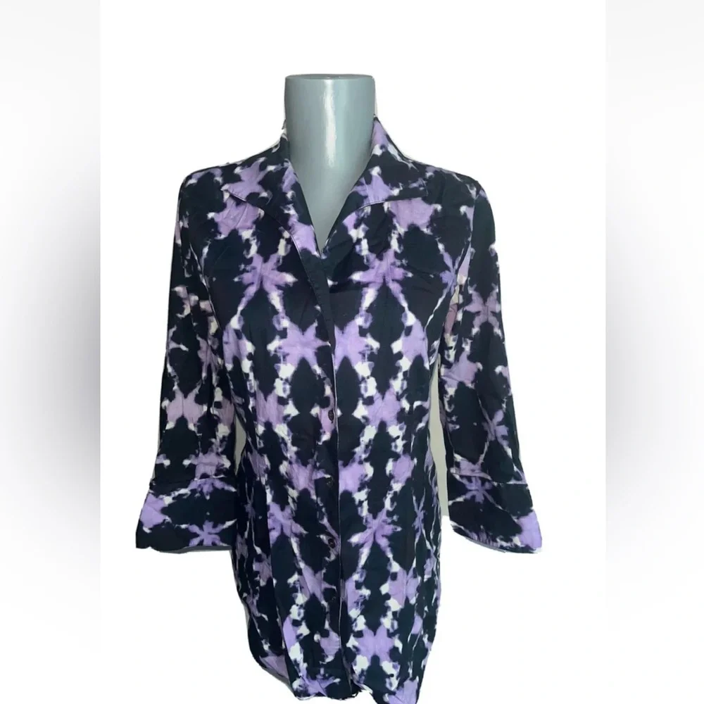 Women's Lafayette size 2 Purple Tie Dye Button Down Blouse shirt Cotton Blend - Picture 1 of 5